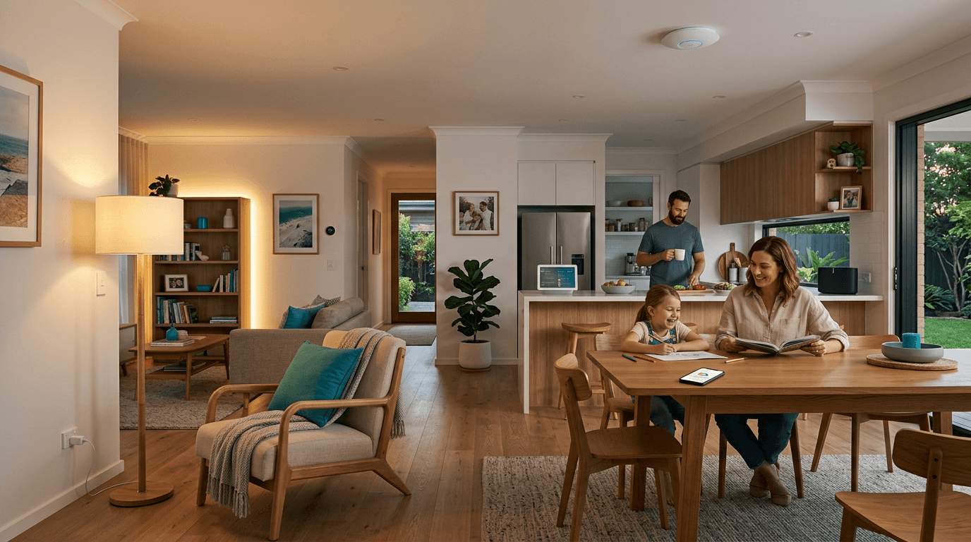 A warm, modern Australian family home with smart lighting and connected devices integrated throughout the living space