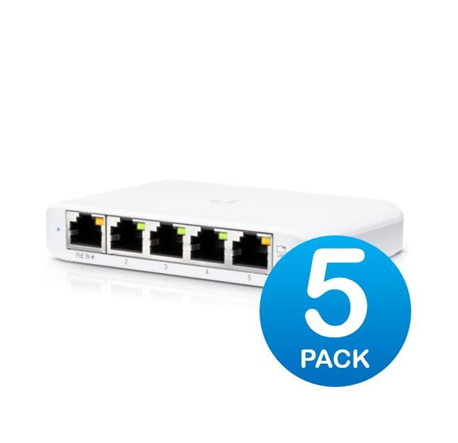 Ubiquiti USW Flex Mini 5 Pack - Managed, UniFi, Layer 2 Gigabit, 5x GbE RJ45 Ports, Power Via PoE (802.3af) /USB Type-C 5V 1A, No PSU